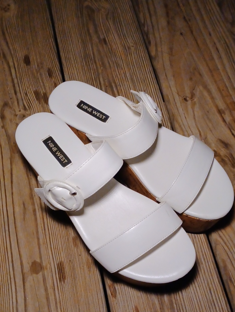 Nine West White Double-Strap Slide Sandals with Buckle